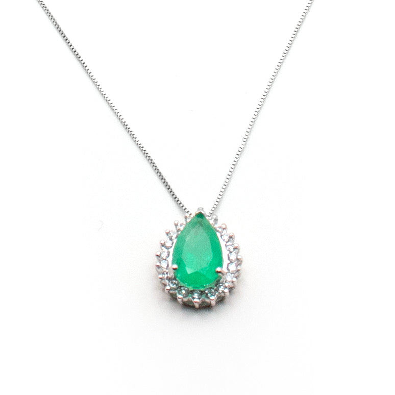 1.45ct Natural Colombian Emerald and Diamond Pendant in 14K White Gold Necklace