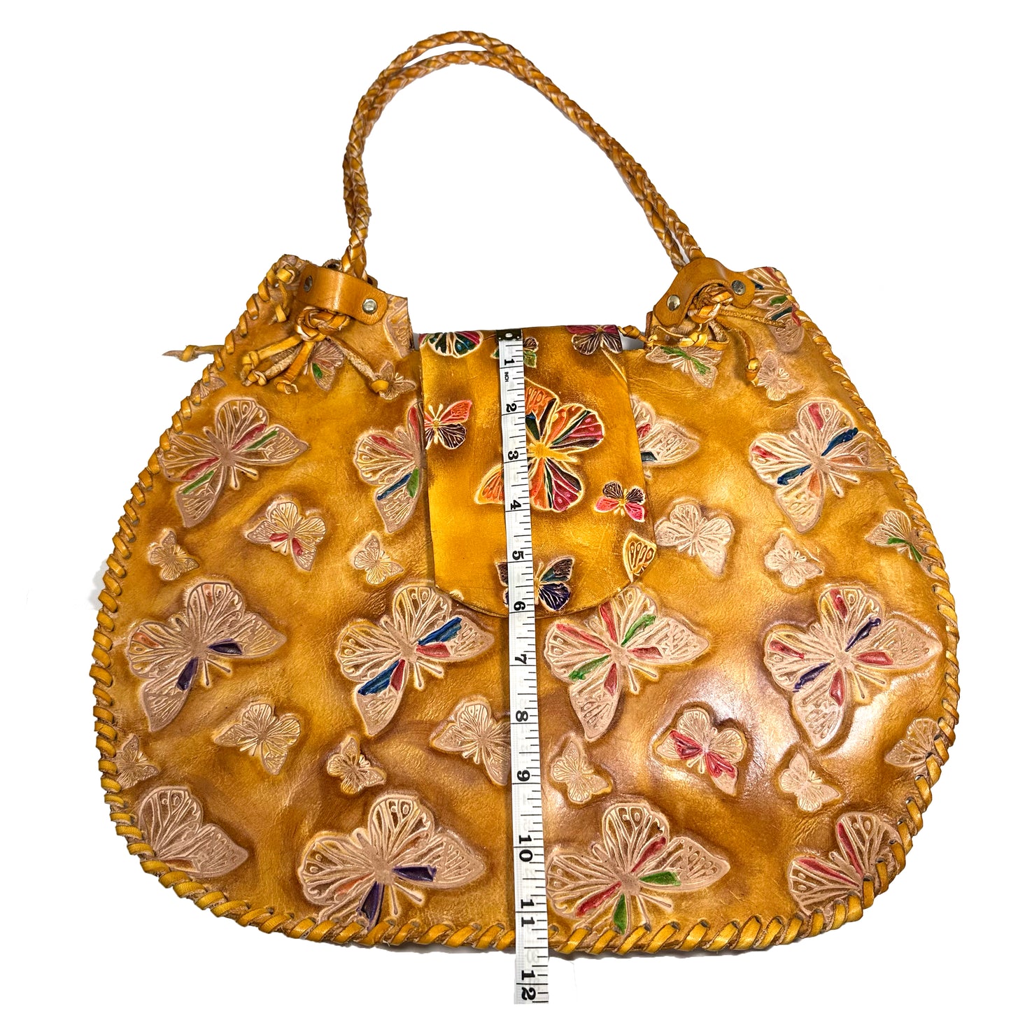Large yellow genuine leather bag sewn in waxed thread, handmade with internal po