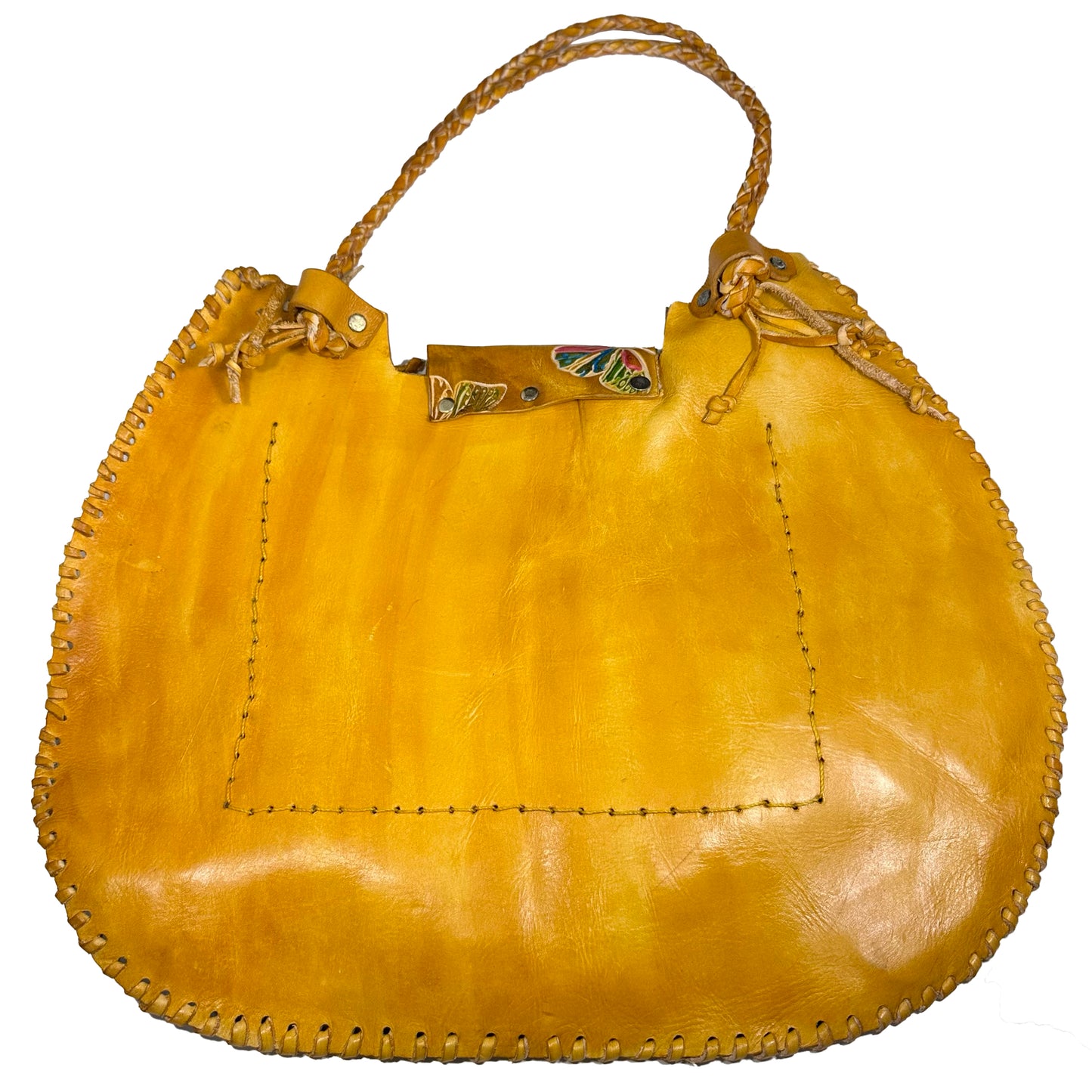 Large yellow genuine leather bag sewn in waxed thread, handmade with internal po