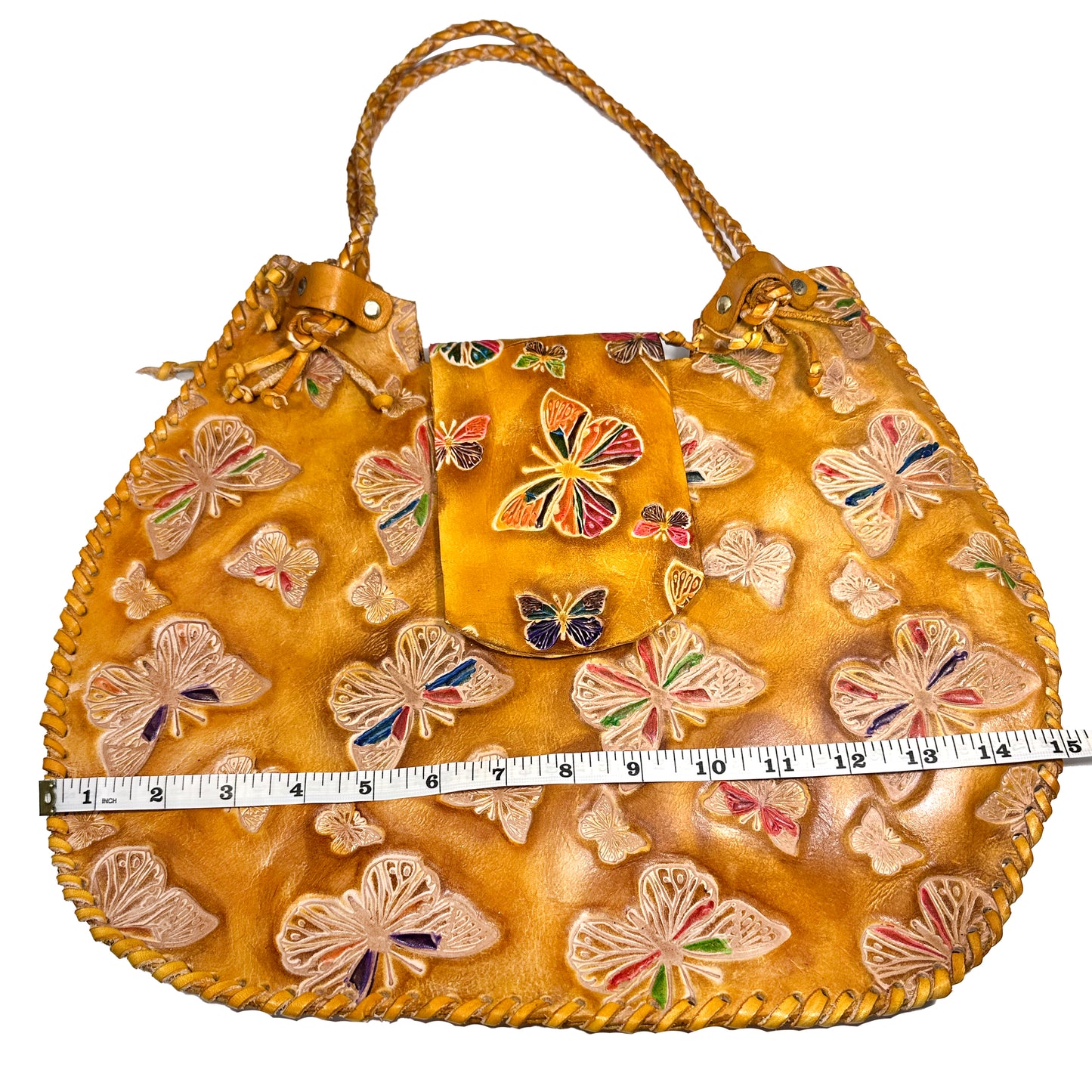 Large yellow genuine leather bag sewn in waxed thread, handmade with internal po