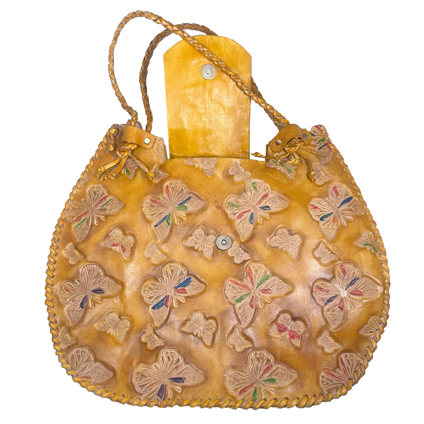 Large yellow genuine leather bag sewn in waxed thread, handmade with internal po