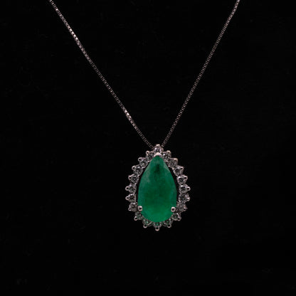 1.45ct Natural Colombian Emerald and Diamond Pendant in 14K White Gold Necklace