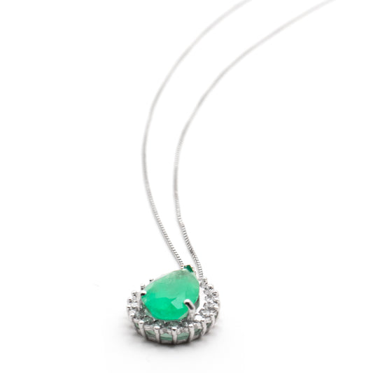 1.45ct Natural Colombian Emerald and Diamond Pendant in 14K White Gold Necklace