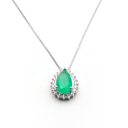 1.45ct Natural Colombian Emerald and Diamond Pendant in 14K White Gold Necklace