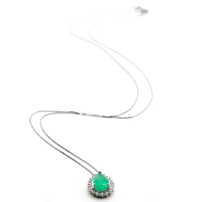1.45ct Natural Colombian Emerald and Diamond Pendant in 14K White Gold Necklace