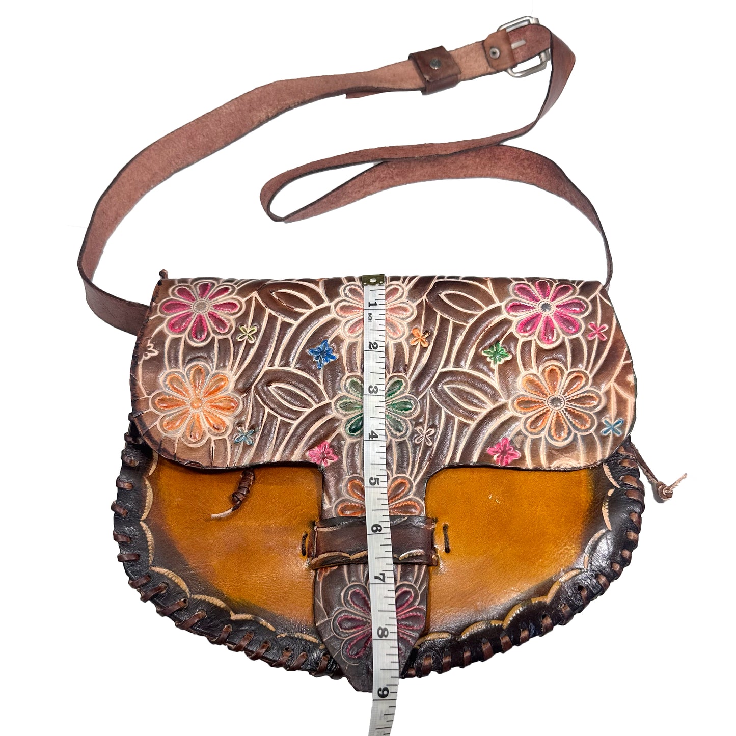 Genuine Brown Leather Crossbody Shoulder Bag Stitched in Waxed Thread, Handmade