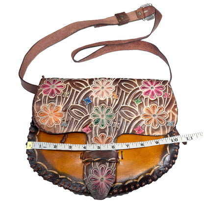 Genuine Brown Leather Crossbody Shoulder Bag Stitched in Waxed Thread, Handmade