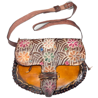 Genuine Brown Leather Crossbody Shoulder Bag Stitched in Waxed Thread, Handmade