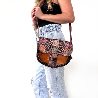 Genuine Brown Leather Crossbody Shoulder Bag Stitched in Waxed Thread, Handmade