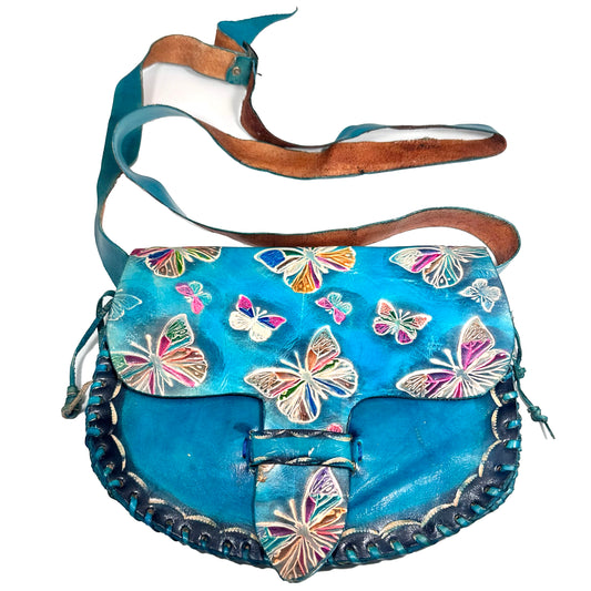 Genuine Blue Leather Crossbody Shoulder Bag Stitched in Waxed Thread, Hand Pain