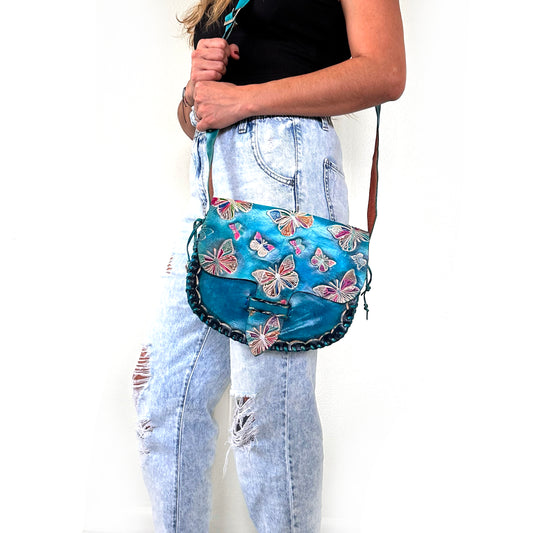 Genuine Blue Leather Crossbody Shoulder Bag Stitched in Waxed Thread, Hand Pain