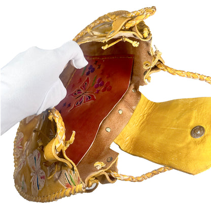 Large yellow genuine leather bag sewn in waxed thread, handmade with internal po