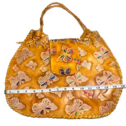 Large yellow genuine leather bag sewn in waxed thread, handmade with internal po