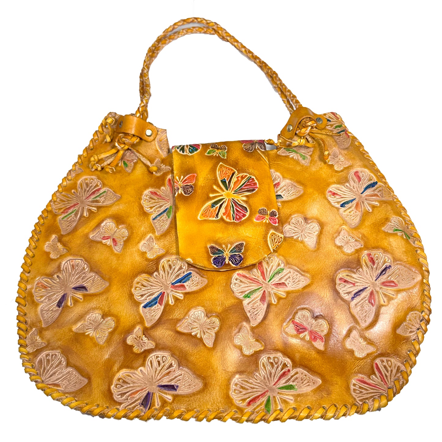 Large yellow genuine leather bag sewn in waxed thread, handmade with internal po