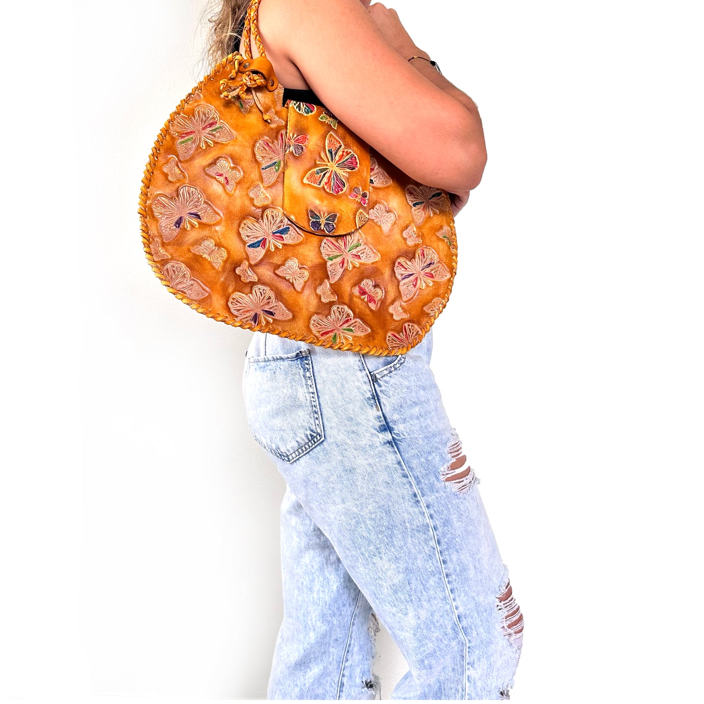 Large yellow genuine leather bag sewn in waxed thread, handmade with internal po