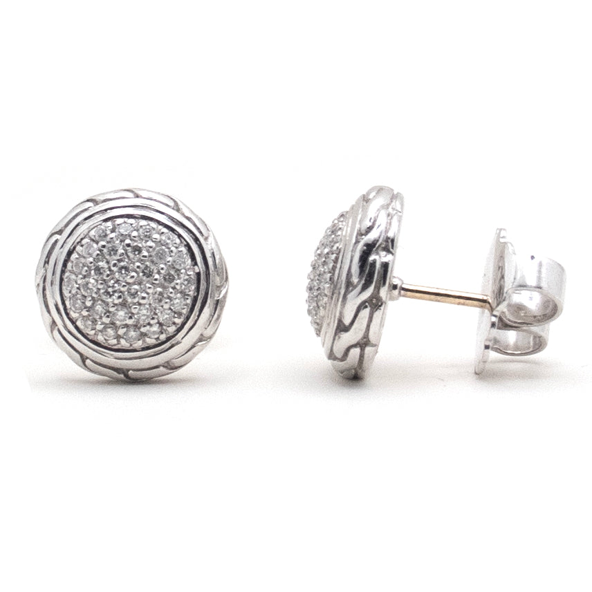 John Hardy 925 Sterling Silver Pave Diamonds Carved Chain Stud Earring