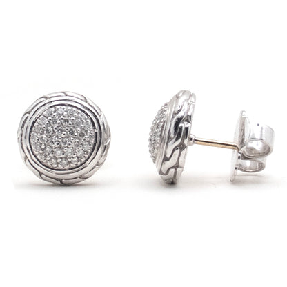 John Hardy 925 Sterling Silver Pave Diamonds Carved Chain Stud Earring