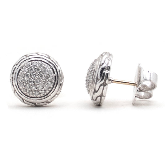 John Hardy 925 Sterling Silver Pave Diamonds Carved Chain Stud Earring