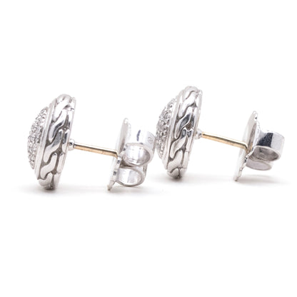 John Hardy 925 Sterling Silver Pave Diamonds Carved Chain Stud Earring