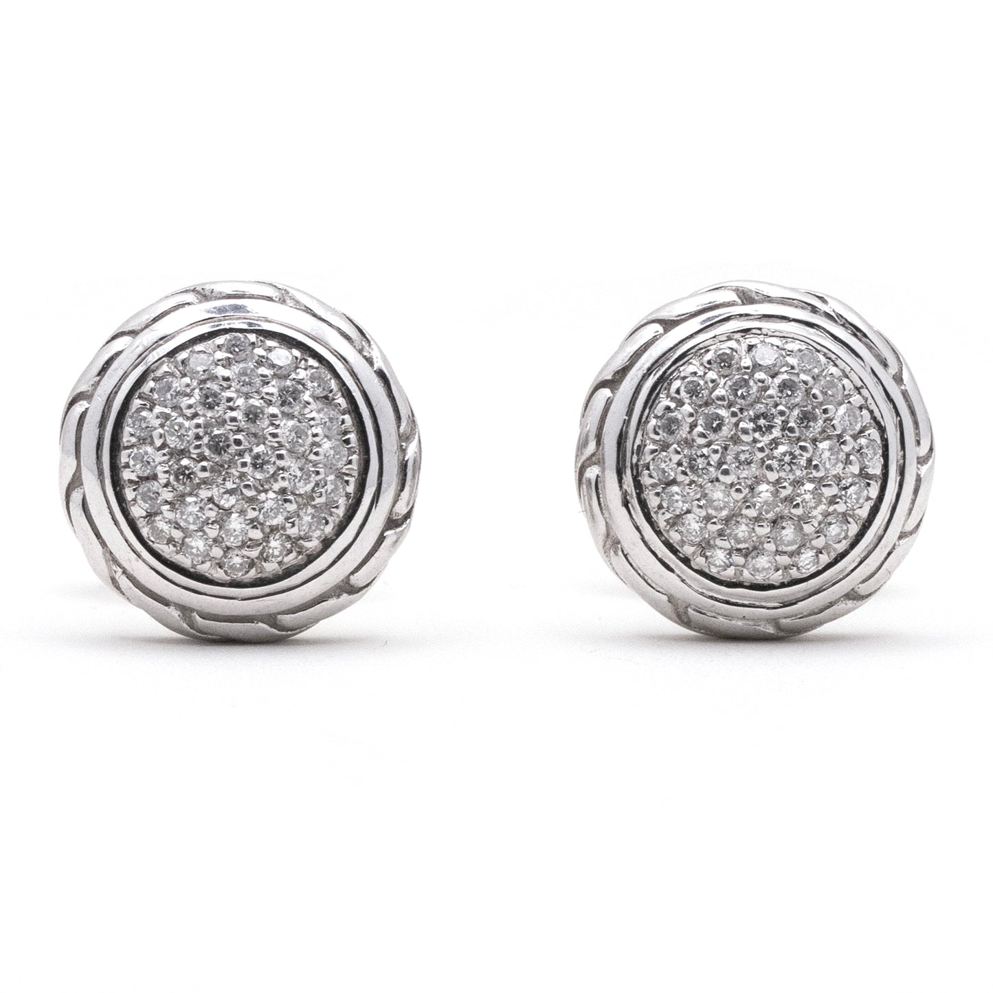 John Hardy 925 Sterling Silver Pave Diamonds Carved Chain Stud Earring