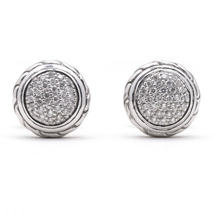 John Hardy 925 Sterling Silver Pave Diamonds Carved Chain Stud Earring