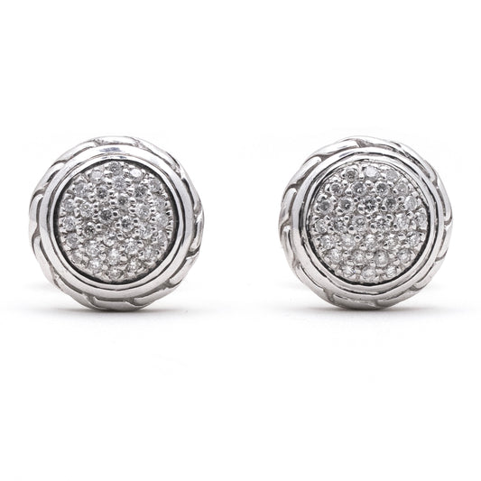 John Hardy 925 Sterling Silver Pave Diamonds Carved Chain Stud Earring