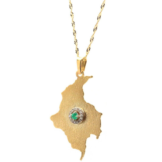 18K Yellow Gold Colombian Map Necklace – Handmade Emerald & Diamond Pendant