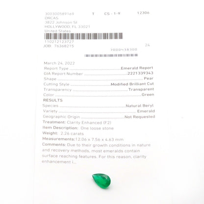 Colombian Natural  Emerald Muzo Mining 2.26 Carats F2 Natural Beryl Pear Shape